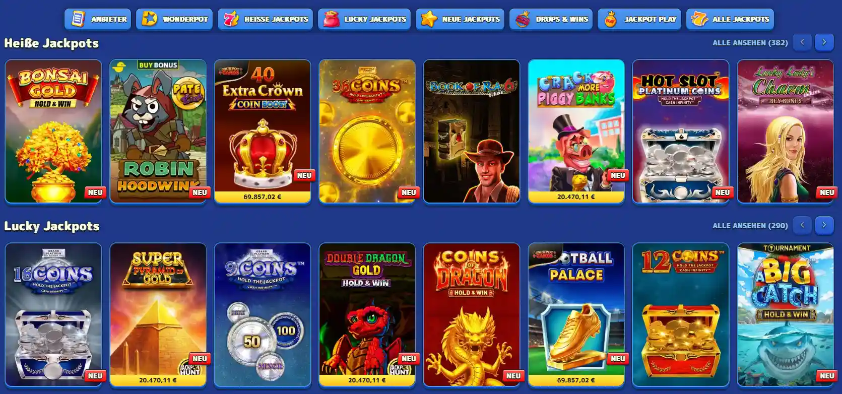 Pistolo Jackpot-Spiele mit verschiedenen Jackpot-Kategorien